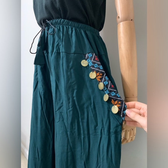 Teal / Petroleum Green Hobo Embroidered Wide Leg Pants - Picture 7 of 17